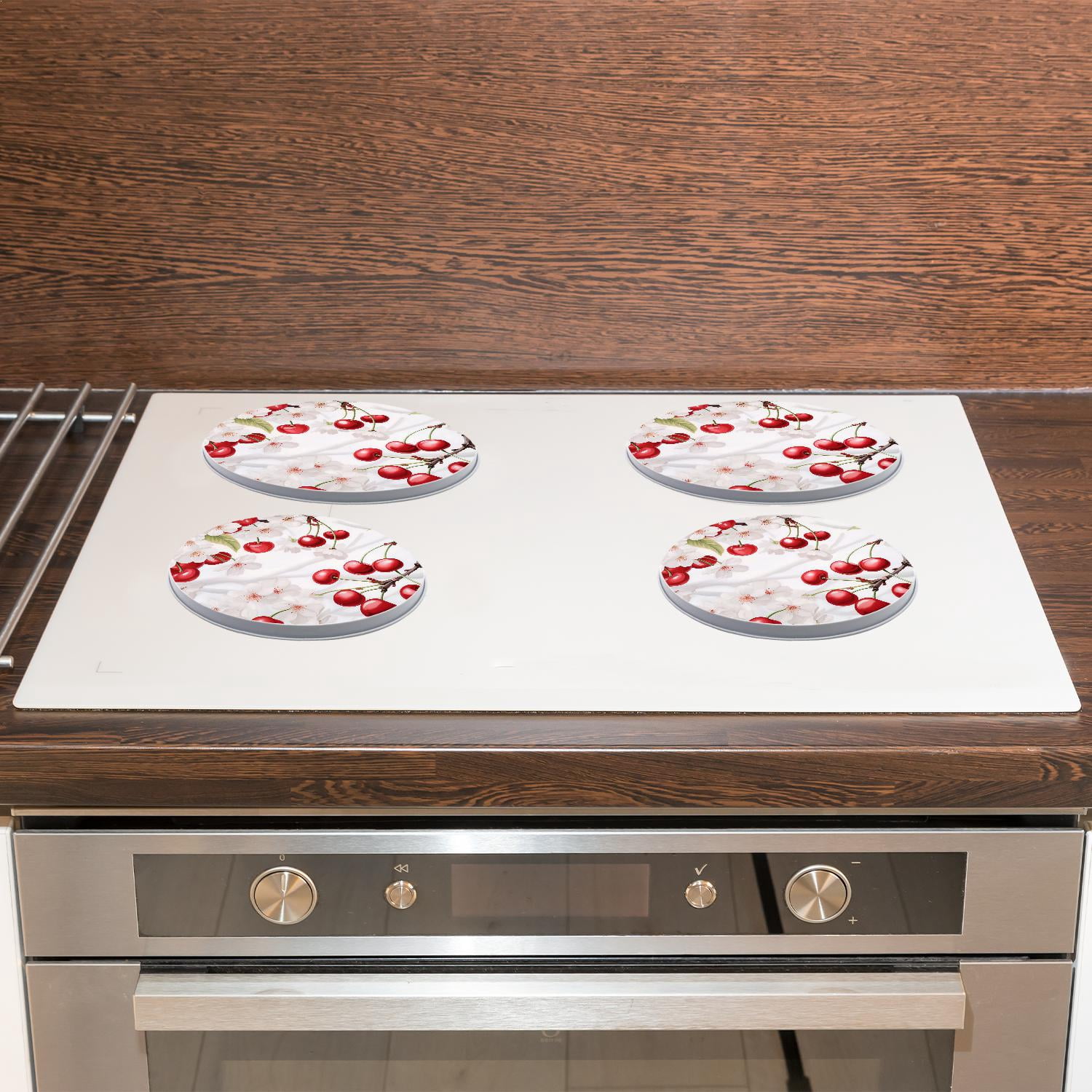 Stove Burner Covers 4 Pcs for ,Red Cherries Green Leaves colorful, Round Gas Stove Burner Cover 8Inch And 10Inch