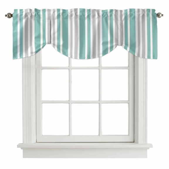 Aqua Grey Stripe Tie Up Valance Curtains for Windows, Kitchen Curtains Window Treatments, Farmhouse Minimalist Striped Short Window Shades Valances for Bedroom Bathroom Cafe 42"x12"
