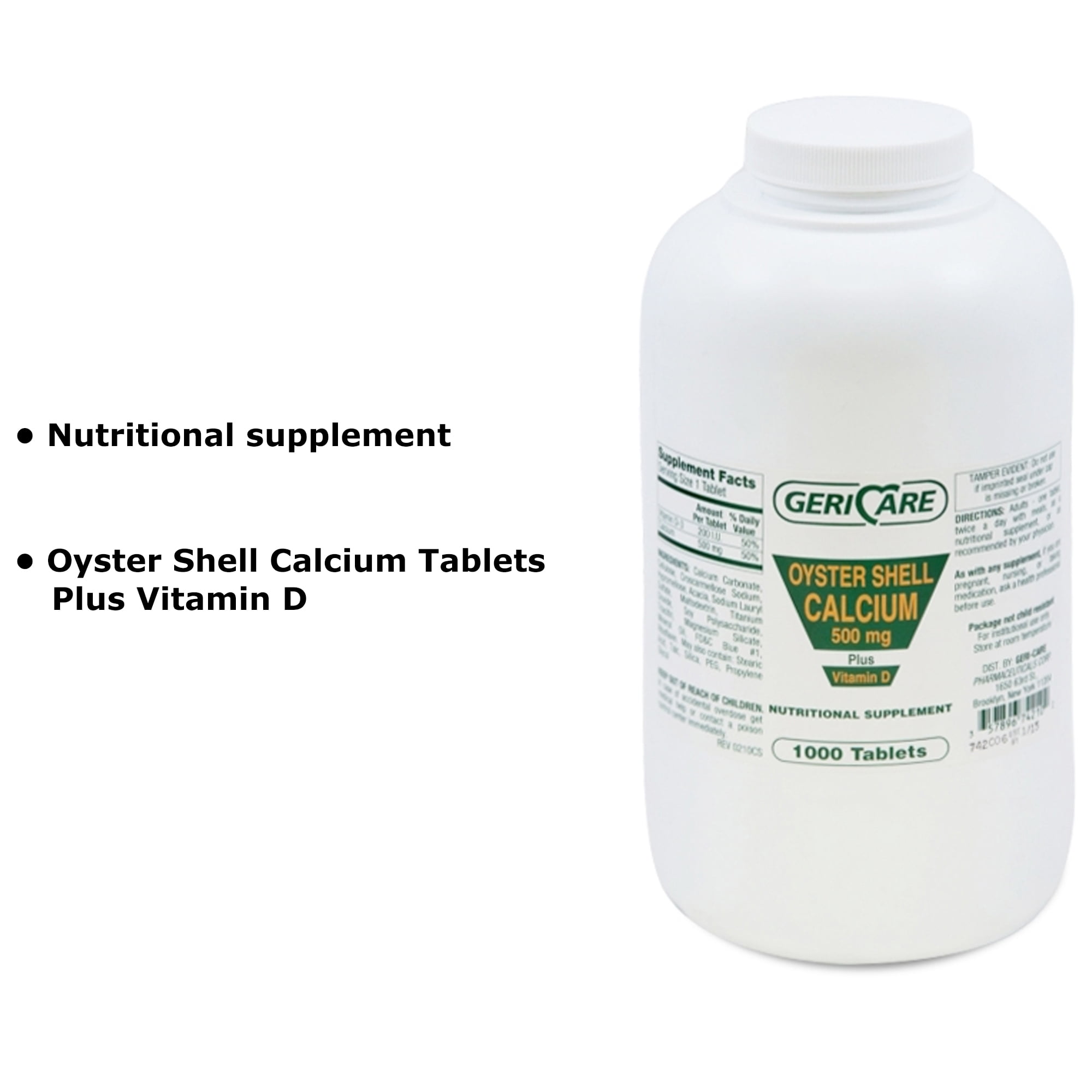 Geri-Care Oyster Shell Calcium Tablets Plus Vitamin - 500 mg, 200 IU Strength, 1000 Ct