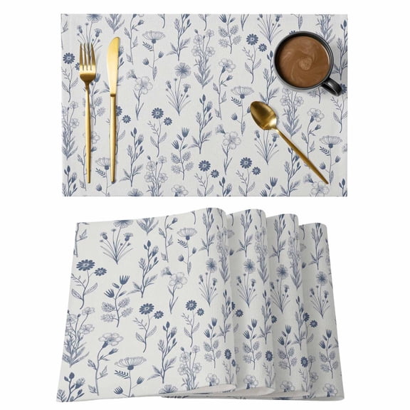 Blue Flowers Placemats Set of 6, Vintage Farm Floral Plant Spring Country Non-Slip Place Mats Washable Table Mats for Kitchen Dining Table Decorations Indoor/Outdoor