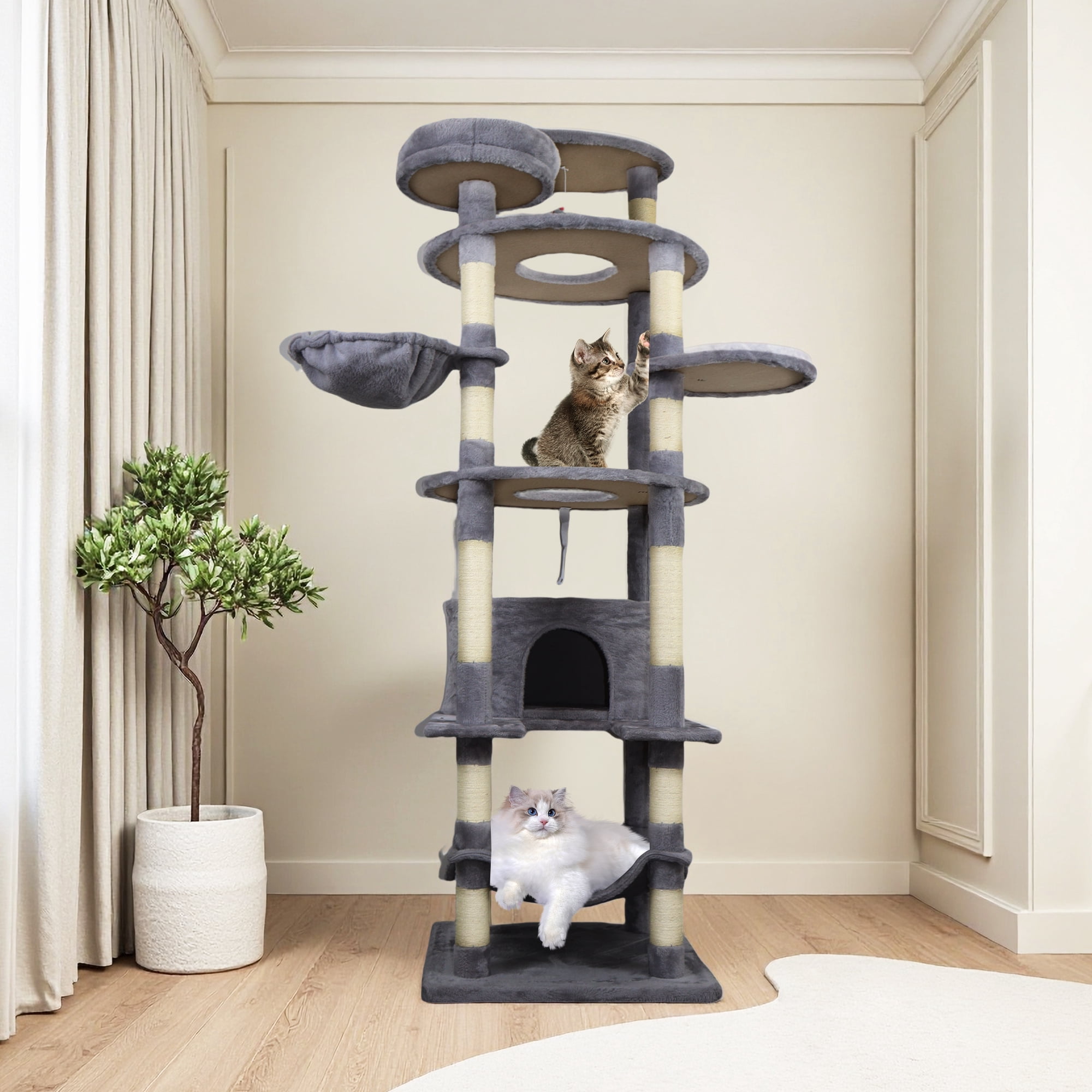 78.8in Dark Gray Cat Tree Tower with Wide Base, Large Condo, 12 Sisal Scratching Post, Big Hammock, Large Top Platform, Many Landing Perch and Interactive Toy