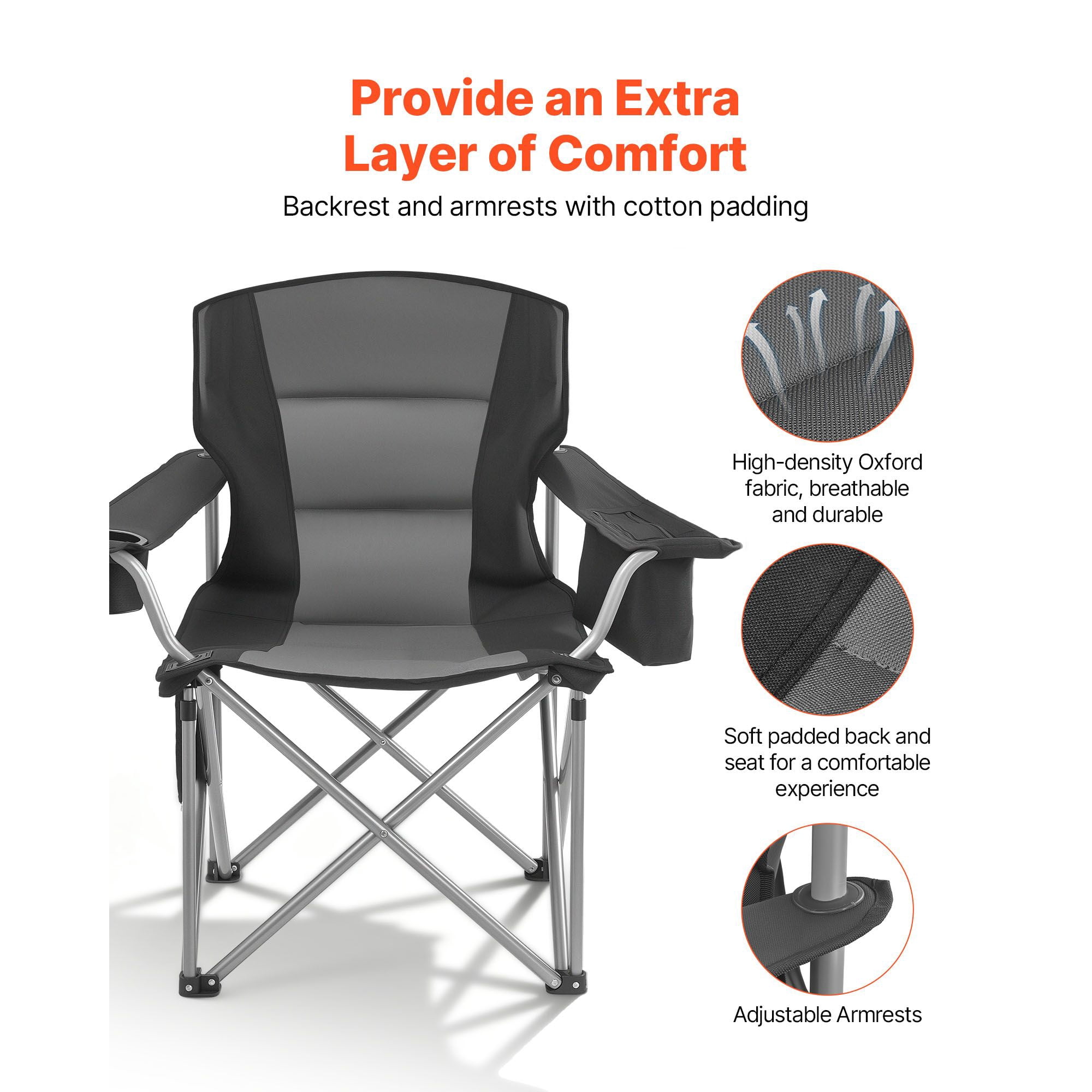 Oversized Camping Chairs, 450 lbs Heavy Duty Support, Portable Folding Camp Chairs with Padded Backrest & Armrests, Cup Holder & Side Pocket, Cooler Bag, Carry Bags for Outdoor, Fishing, 2 Pack