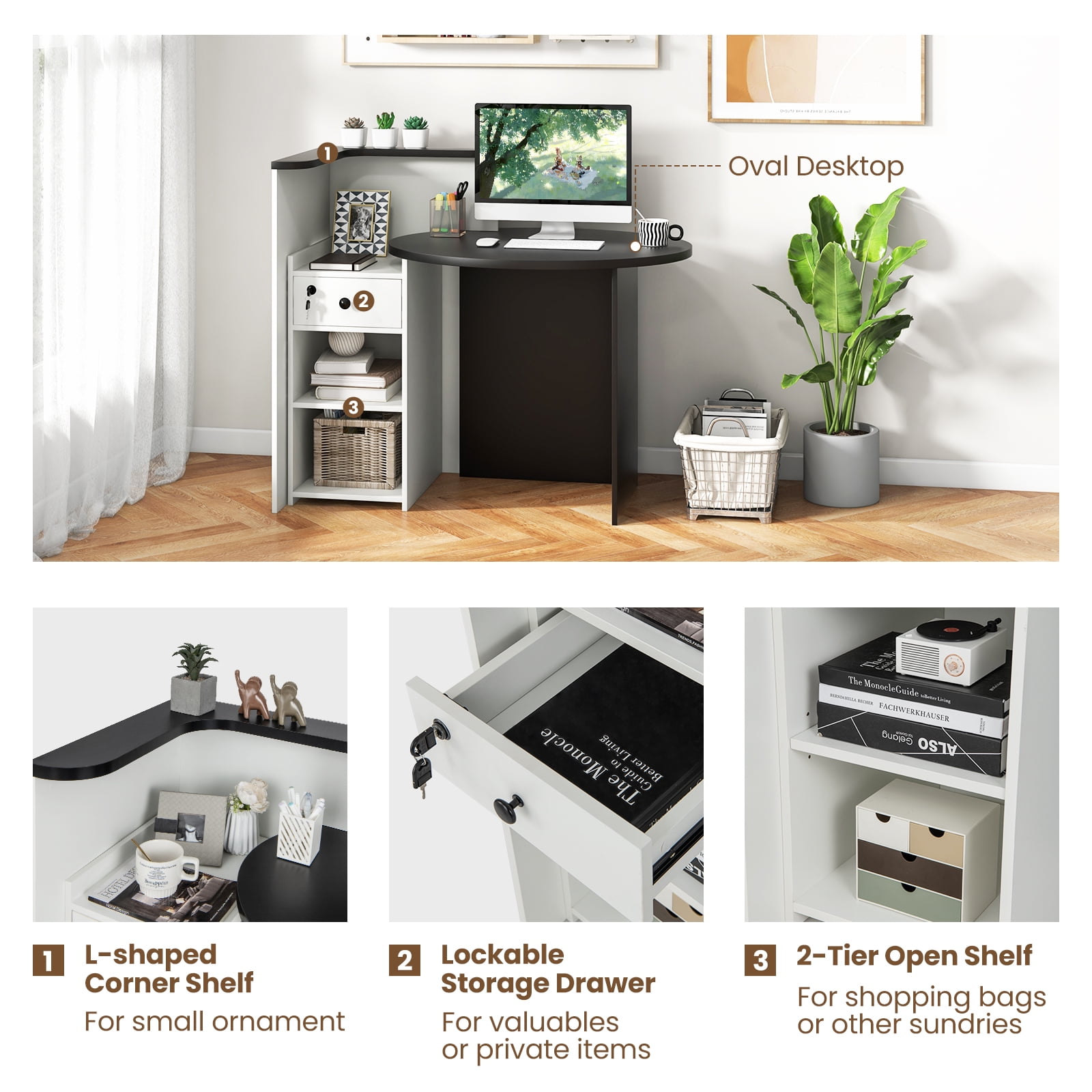 Giantex Reception Desk, Computer Workstation w/Lockable Drawer & Open Shelves, Checkout Counter, Black & White
