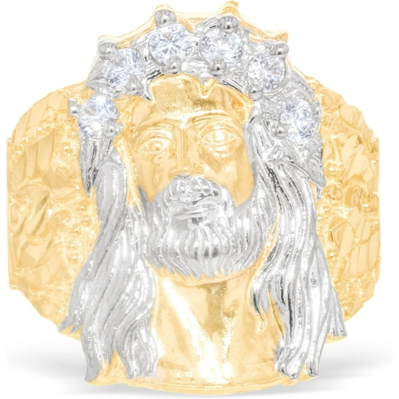 Floreo 10k Yellow Gold 22mm Jesus Face Two-Tone CZ Crown Men's Ring, Sizes 5 - 13