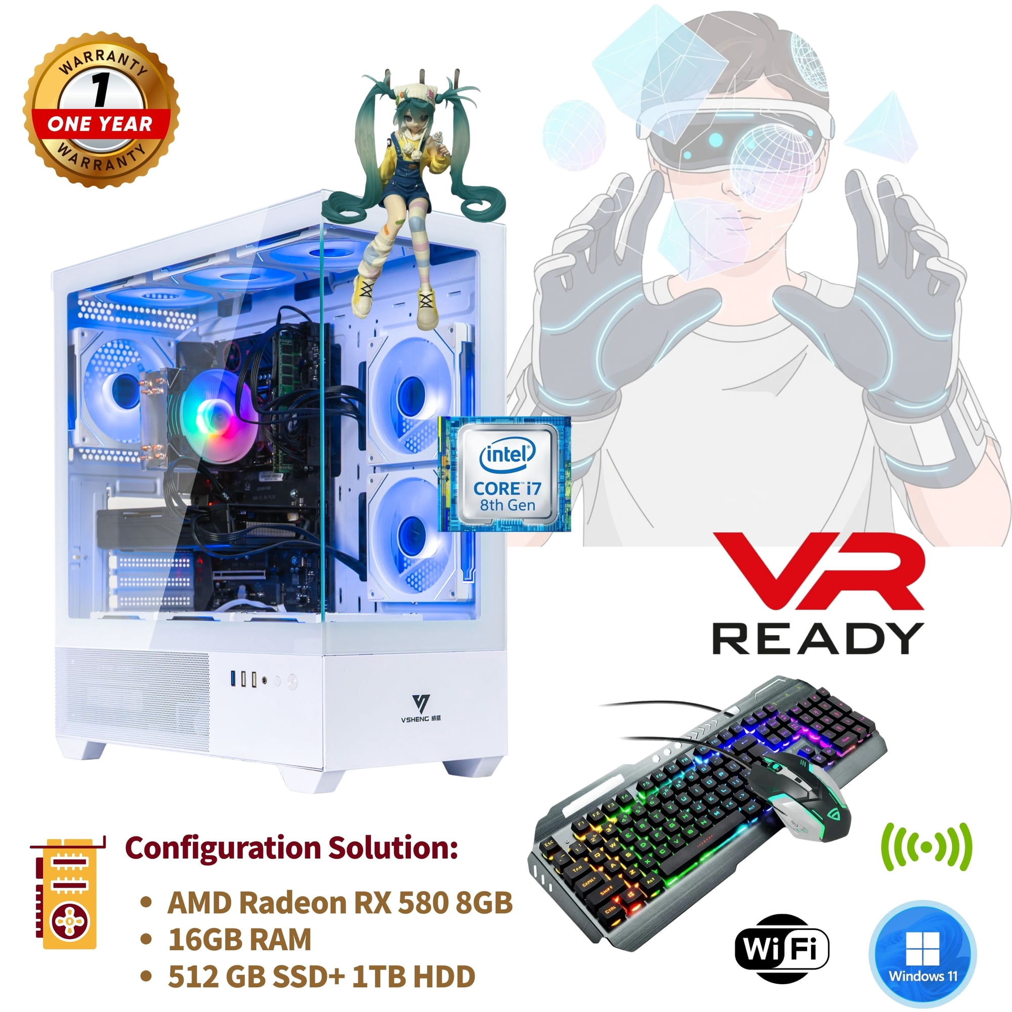 Gaming Computer – Intel i7-8700K, 16GB RAM, 512GB SSD + 1TB HDD, RX580 8GB, Wi-Fi 6, Bluetooth 5.4, Windows 11, 9× ARGB Fans,VR Ready gaming PC