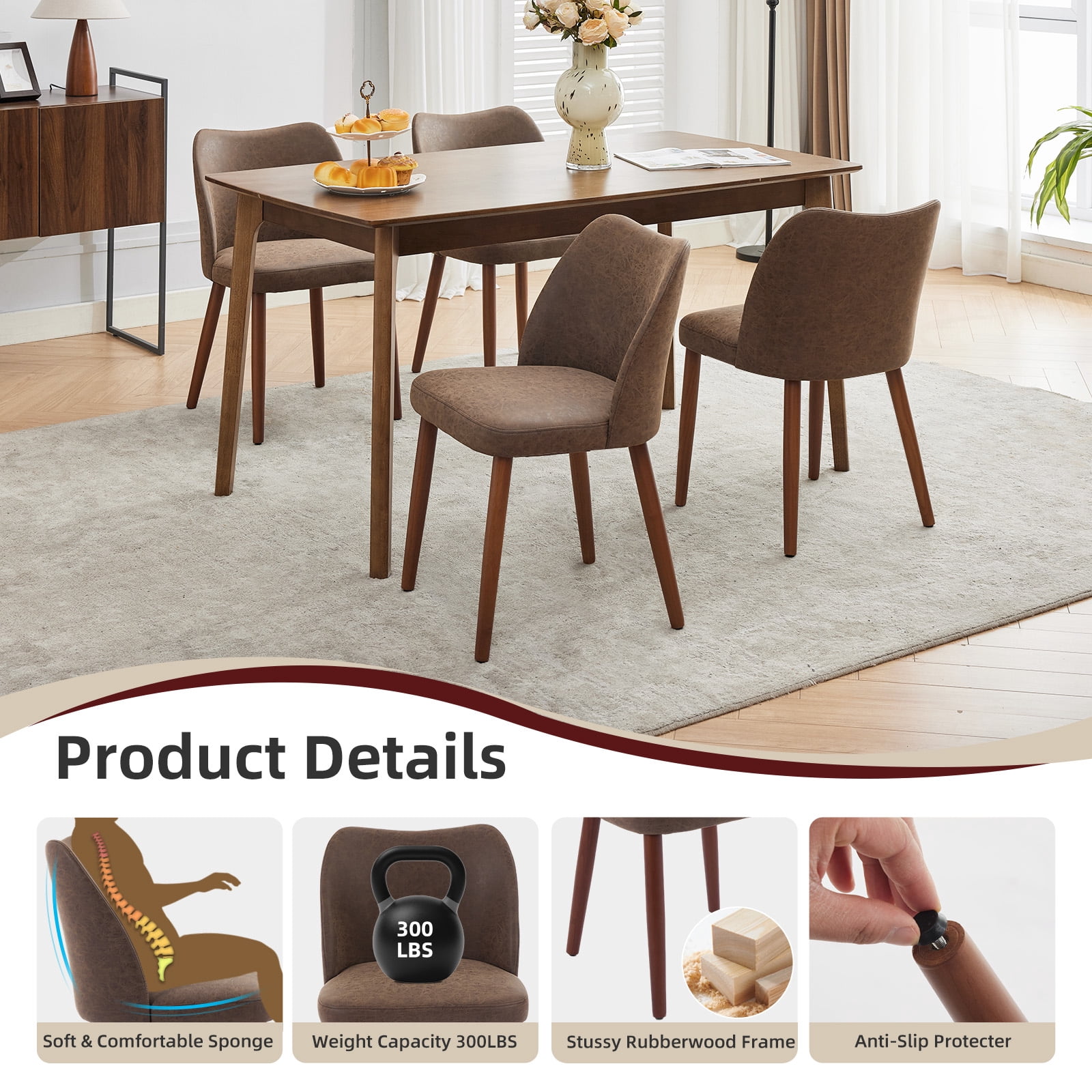 COZONY Dining Chair Set of 2, Upholstered PU Leather Dining Chairs with Wood Legs & Wing Backrest, for Dining Room or Living Room, Coffee Color