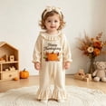 thumbnail image 2 of KPOPLK Baby Girl Thanksgiving Romper Ruffle Long Sleeve Pumpkin Embroidery Jumpsuit with Bow Headband Infant Fall Outfit 3 6 9 12 18 Months Beige,Size 0-3 Months, 2 of 6