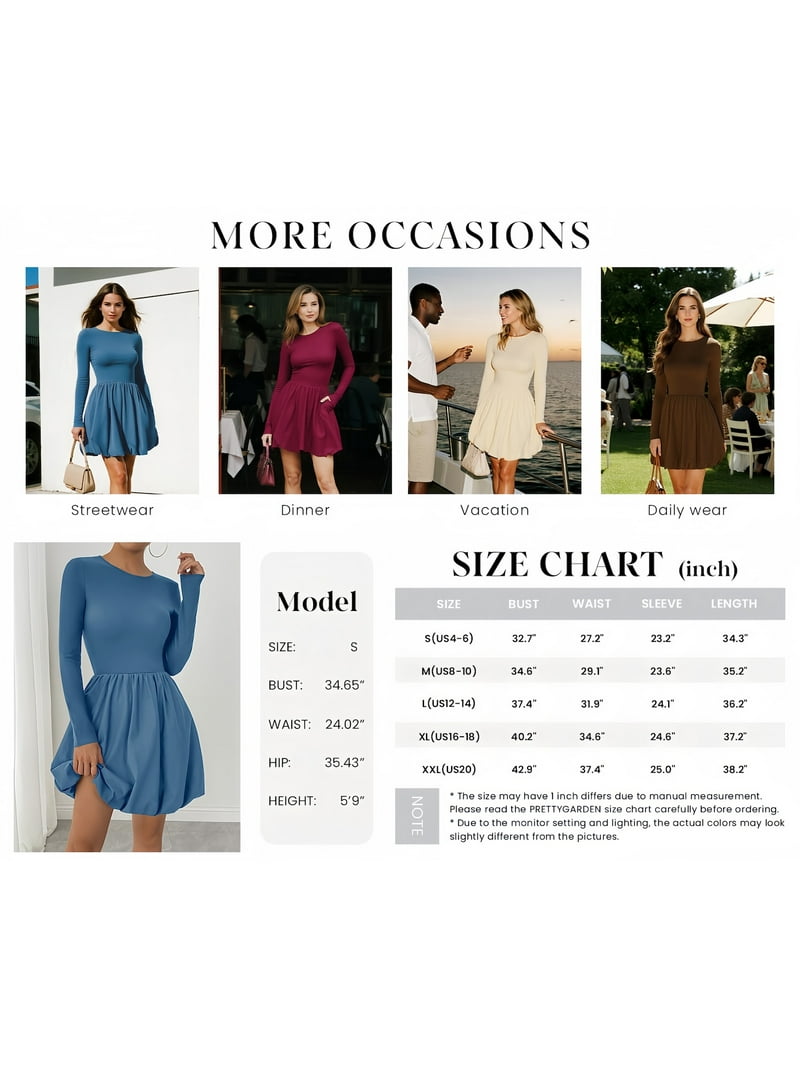 Prettygarden Fall Dresses for Women Casual Long Sleeve Bubble Cute Crew Neck A Line Mini Short Dress with Pockets, Women's, Size: XL, Beige