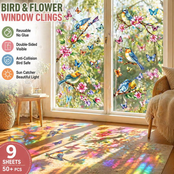 Colorful Bird Window Clings for Glass, Reusable Static Cling Stickers, Double-Sided Sun Catcher Window Decals, Glue-Free and Removable, Safety-Friendly for Home, Kids' Rooms, and Glass Door Decor