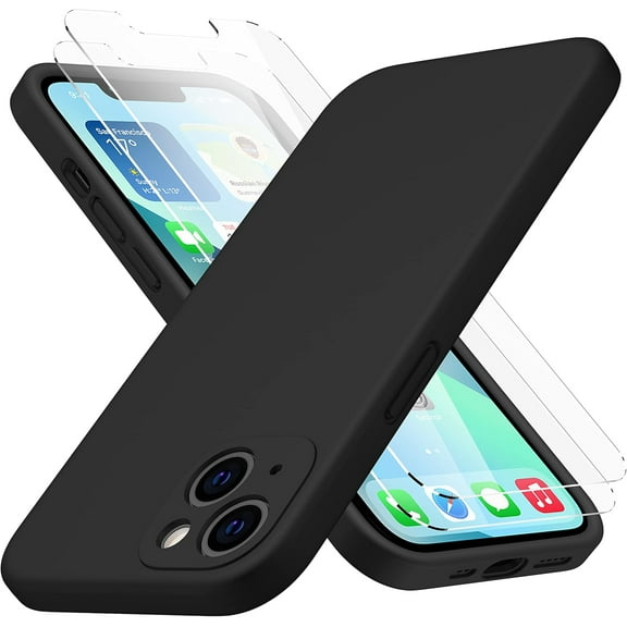 CellEver Durable Silicone for iPhone 13 Case with [2 Glass Screen Protectors] Improved Material, Pro-Grade Camera Protection, Military Grade Drop Protection and Anti-Scratch Microfiber Interior, Black