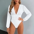 thumbnail image 2 of larppty Women's Sexy Ruched Deep V Neck Long Sleeve Bodysuit Plunging Neckline Leotard Shirts（White， L）, 2 of 9