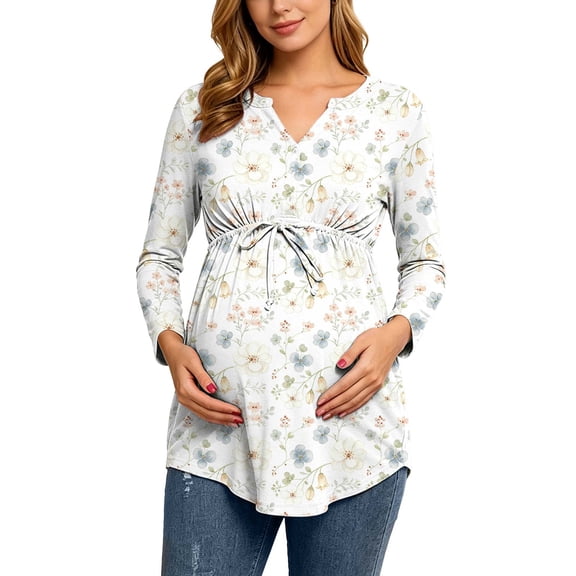 Edvintorg Maternity Blouse Plus Size Floral Printed V Neck Casual Pregnancy Top Long Sleeve Loose Pregnant Shirt with Drawstring Womens Clothing S-3XL Beige