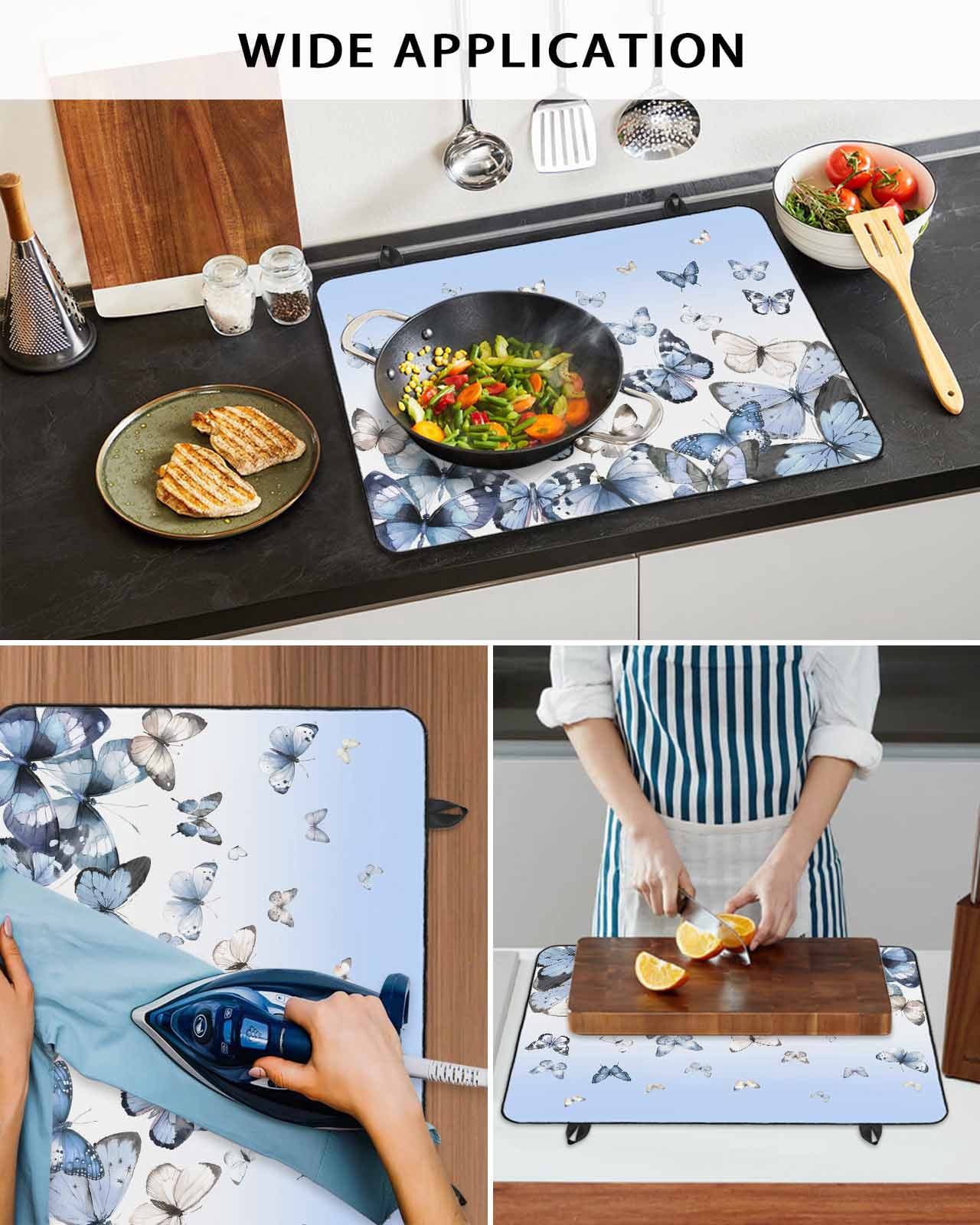 Large Induction Cooktop Protector Mat Blue Butterflies Stove Top Covers for Electric Stove, Elegant Pastoral Watercolor Decorative Stove Burner Cover Mats, Glass Top Stove Cover