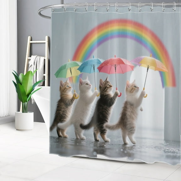 HVEST Funny Cute Cat Animal Shower Curtain with Rainbow and Umbrella Design - Grey Bathroom Decor, Waterproof Polyester Fabric, Includes 12 Hooks, 72x78 Inches