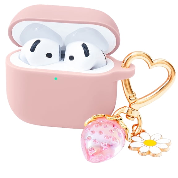 LuckySunDecorQZ Suitable for 2024 AirPods 4 phone case, with cute strawberry keychain, providing soft silicone protection for Apple AirPods fourth generation phone case, scratch resistant, pink