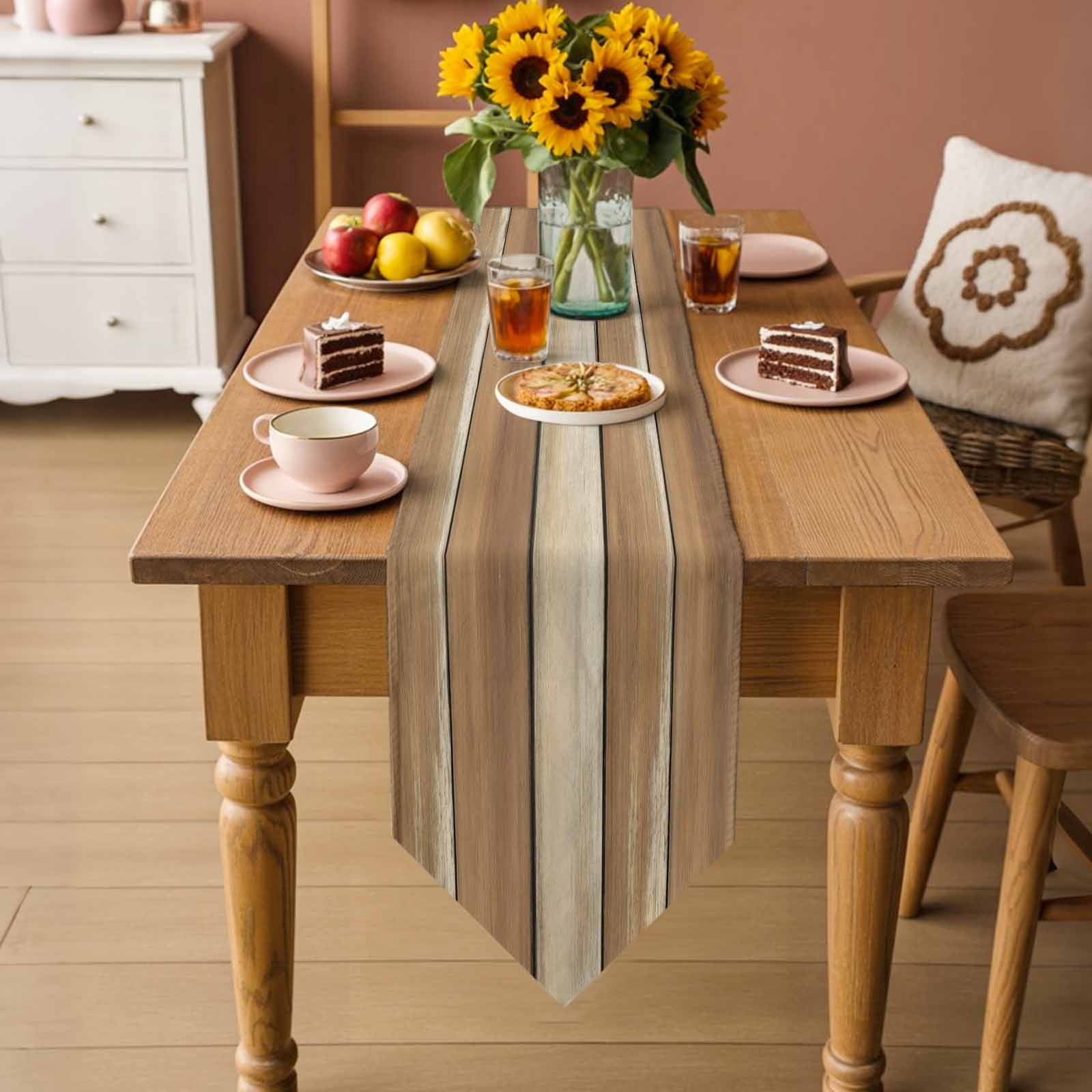 Table Runners 48 Inches Long, Brown Khaki Wooden Cotton Linen Kitchen Dining Coffee Table Runner for Party Home Decor, Vintage Farmhouse Retro Art Tabletop Dresser Scarves Runner Decor 13x48 Inch
