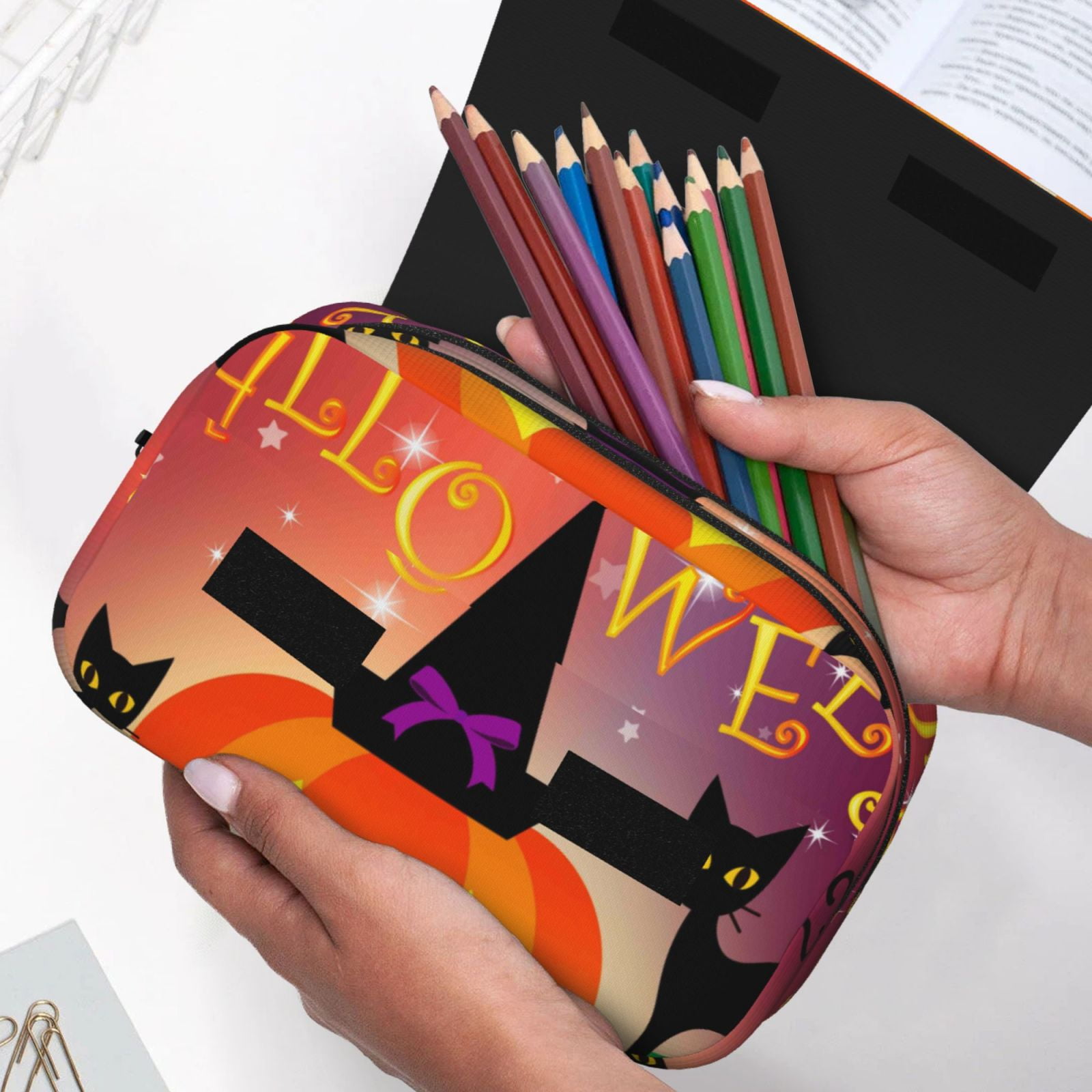 Rateoe Halloween Pattern Double Clamshell Pen Case, Storage Organizer with Two Zipper Compartments– Holds Up to 50 Pencils & Pens