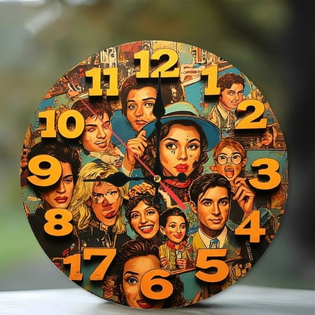 Pop Art Style Clock Wall Decor Retro Vintage Clock 10-Inch Silent Wooden Wall Clock, Battery Operated (AA Batteries Not Included), Artistic Home Decor