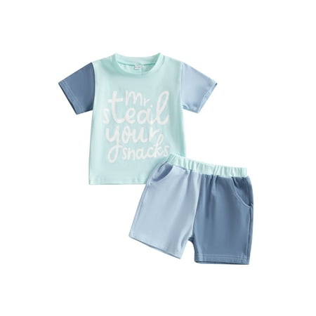 

Txlixc Baby Toddler Boy Outfits Letter Print Short Sleeve T-shirt Contrast Color Elastic Waist Shorts 2 Pcs Set
