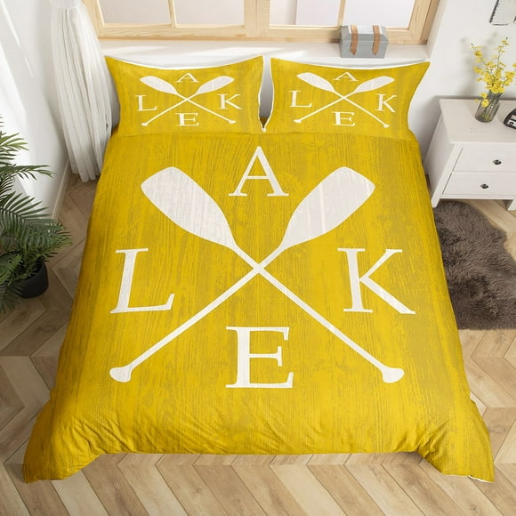 Lake Paddle Bedding Set Lake Decor Comforter Cover for Adults Women,Farm Style Country Duvet Cover King Lake House Decor for The Home,Lake Life Decor Lake House Gifts,Yellow White RV Camper Decor
