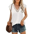 thumbnail image 3 of Womens Shirts Cap Sleeves Tank Top Hollowed Lace Trim V Neck Tshirt T Shirts Ladies Fashion Comfy Plain Tees Blouses, 3 of 4