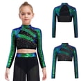 thumbnail image 6 of vastwit Sparkly Sequins Crop Top for Girls Long Sleeve Cutout Back Rhinestones Glitter Cheerleading Shirts Green 6, 6 of 7