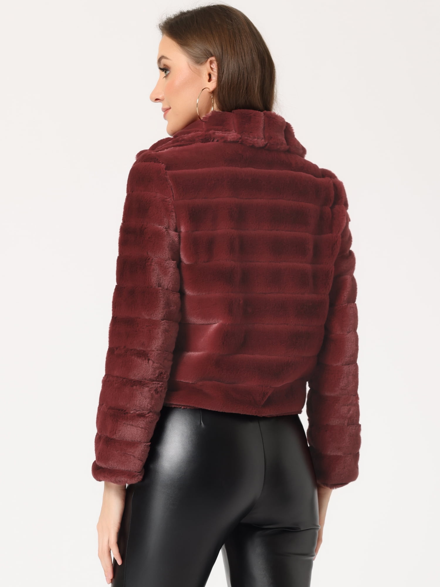 DARING DIVA Women's Faux Fur Fluffy Coat Collar Cropped Jacket M Burgundy