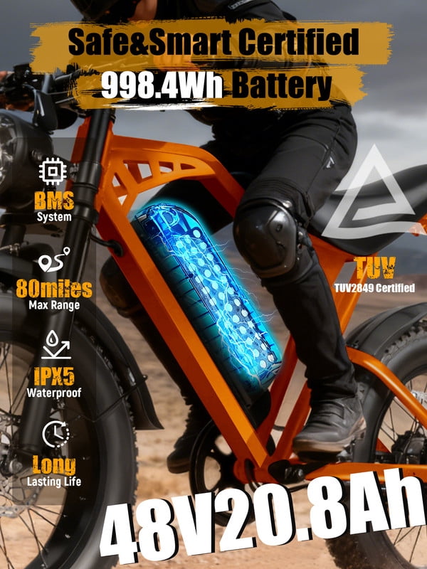 ESKUTE V200 Electric Bike for Adults, Dirt E-Bike with 29MPH 48V20.8Ah Battery 80 Miles,20"x4.0 Fat Tire, NFC Unlock, 7-Speed Dual Suspension, Streamlined Frame, Orange, UL2849