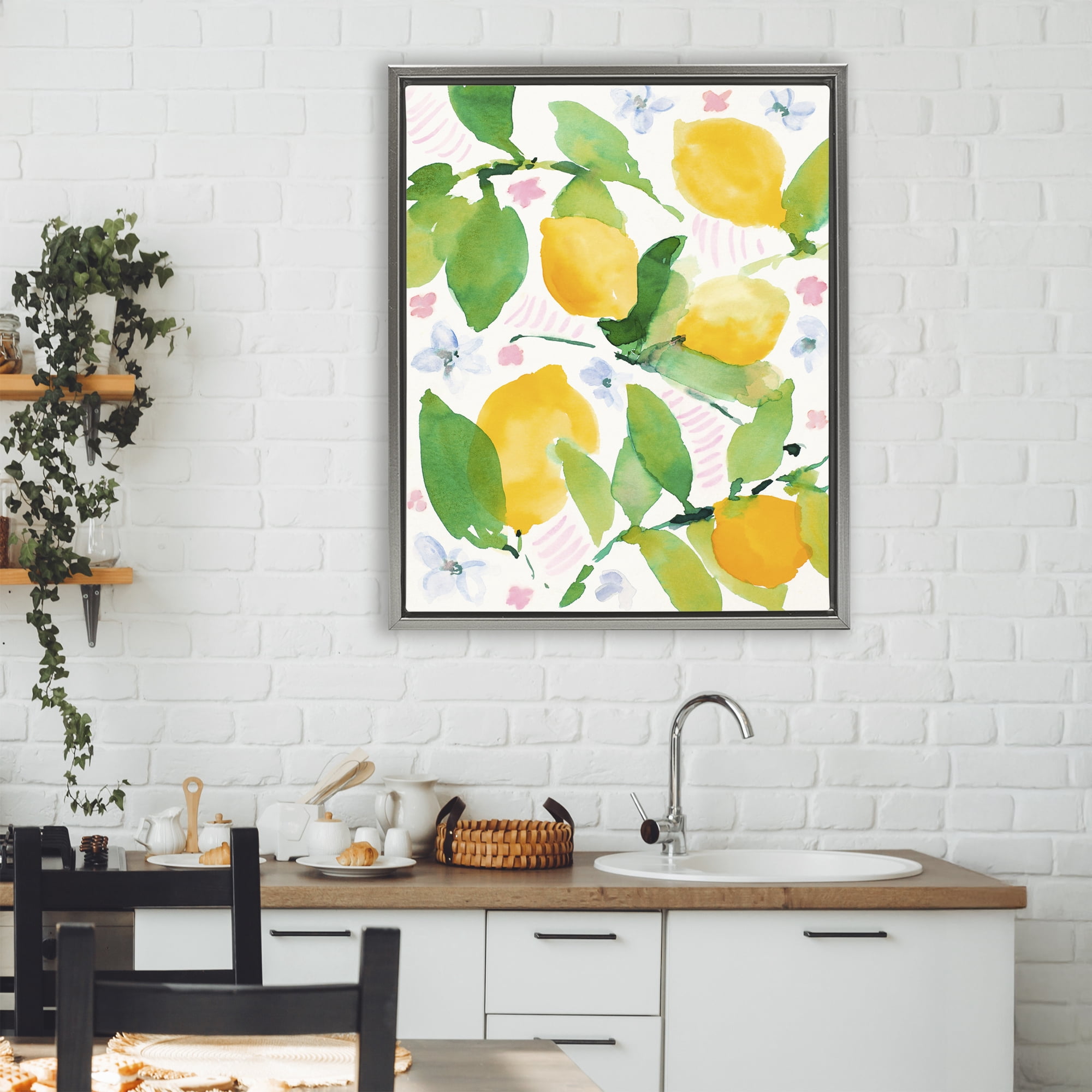 Stupell Industries Garden Lemons with Pastel Florals Gray Framed Floater Canvas Wall Art, design by Lanie Loreth