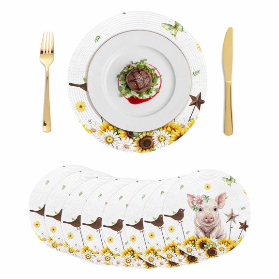 Pig Sunflower Western Round 13 Inch Placemats Set of 8, Farmhouse Daisy Garden Floral HeatResistant Non Slip Place Mats for Dining Table, Wipeable Braided Kitchen Table Mats for Housewarming