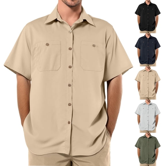 Shirts for Men Short Sleeve Notch Neck Solid Color Pullover Blouse Men's Plus Size Casual Loose Leisure Button-up Breathable T-Shirt