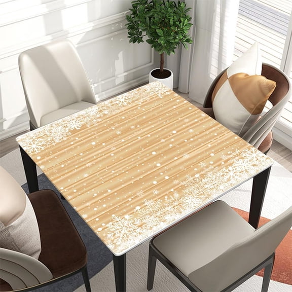 Square Fitted Tablecloth with Elastic Edge for Banquet Buffet Kitchen Dining Party Snow and Light Brown Wood Backdrop Fitted for 36"x36" Square Table Style-22
