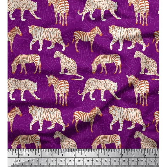 Soimoi Purple Cotton Duck Fabric Tiger,Leopard & Wild Animal Printed Craft Fabric by The Yard 42 Inch Wide