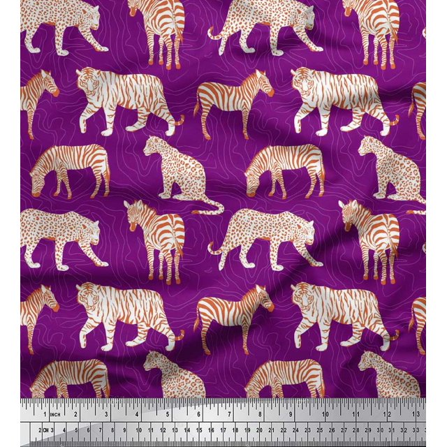 Soimoi Purple Rayon Fabric Tiger,Leopard & Wild Animal Decor Fabric Printed BTY 42 Inch Wide