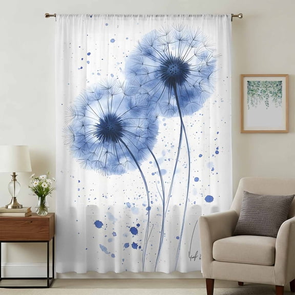 Blue Dandelion Sheer Curtains 63 Inches Long, Contemporary Simple Watercolor Floral Light Filering Curtains, Breathable Simi Curtain Privacy Drapes for Living Room Bedroom Window Treatment