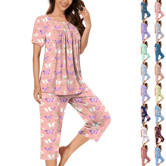 Asgosdo Women Pajamas Short Sleeve Sleepwear Tops and Capri Pants Pjs Print Pajama Sets
