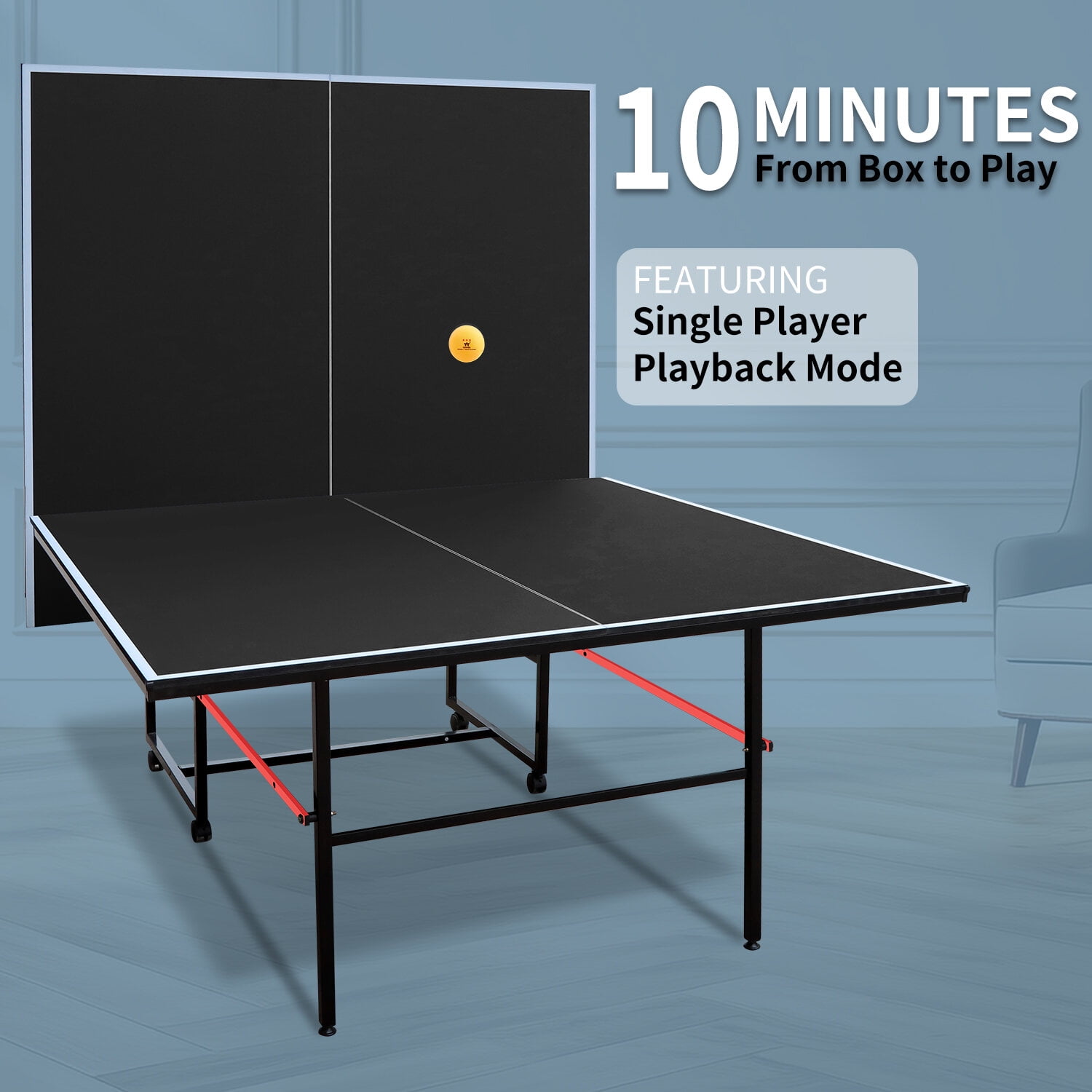 Table Tennis Table 9ft Mid-Size Table Tennis Table Foldable & Portable Ping Pong Table Set for Indoor Games with Net, 2 Table Tennis Paddles and 3 Balls,Indoor Ping Pong Table