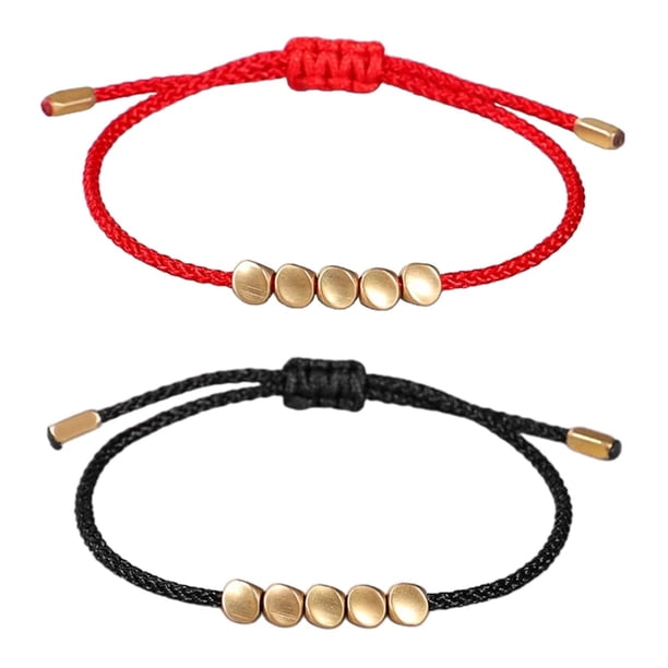 Pulsera tibetana hecha a mano con 5 cuentas de cobre y latón irregulares, cadena de cuerda ajustable con hilo rojo de la suerte del feng shui chino