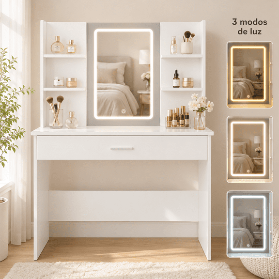 Tocador de Maquillaje, Espejo y Luces de Brillo Ajustable, Tocador con 1 cajón de Almacenamiento 6 y estantes Abiertos, Muebles de Maquillaje Modernos para Vestidor de Dormitorio (Blanco)