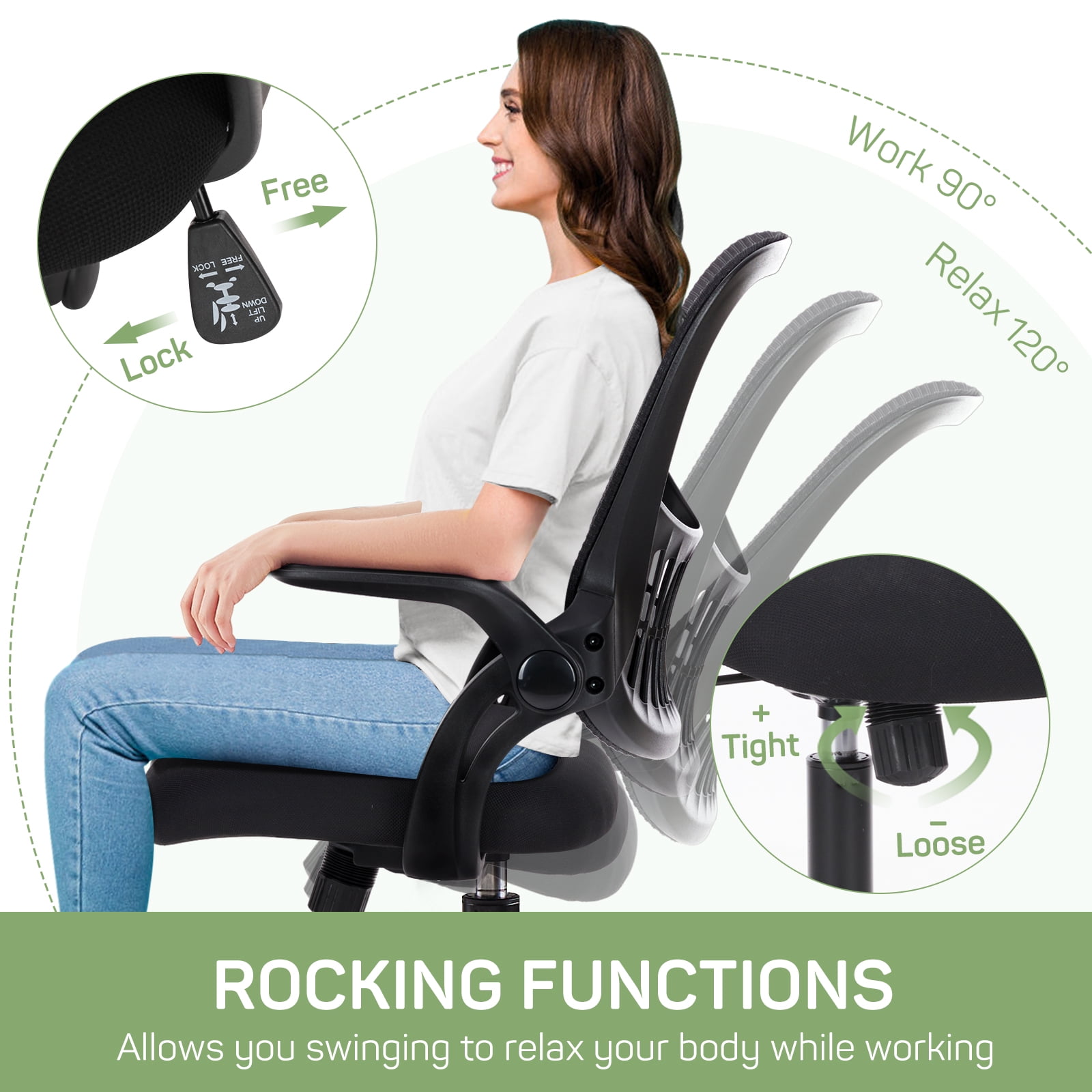 Casabay Office Chair, Ergonomic Mesh Desk Rolling Work Swivel Task Chairs with Flip-up Armrests, Comfortable Lumbar Support, for Home, Bedroom, Study