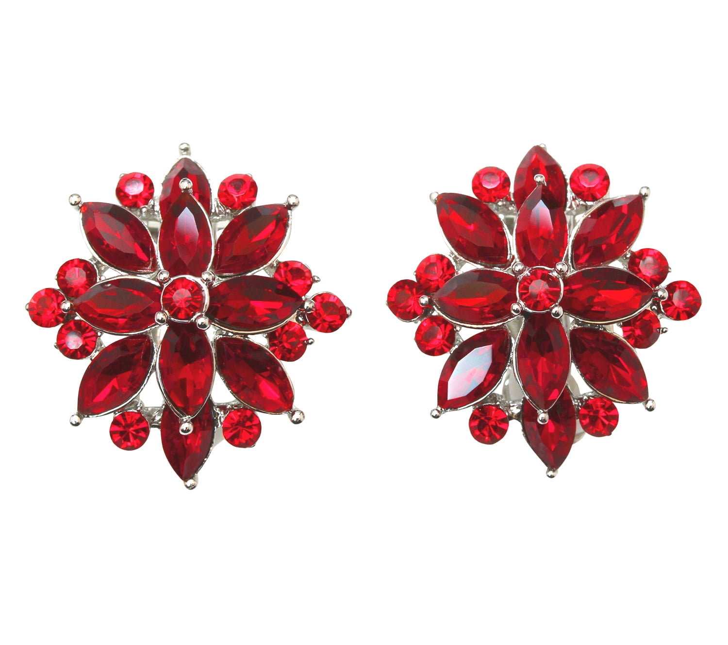 Faship Red Crystal Clip Ons Earrings