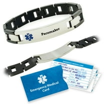 Pre-engraved "PACEMAKER" Black/Silver Box Link Medical ID Bracelet. Emergency Medical Information Card. No Obligation 12 mo. Personal Health Record. Fits wrist 7.5, 8.0, 8.5, and 9.0"