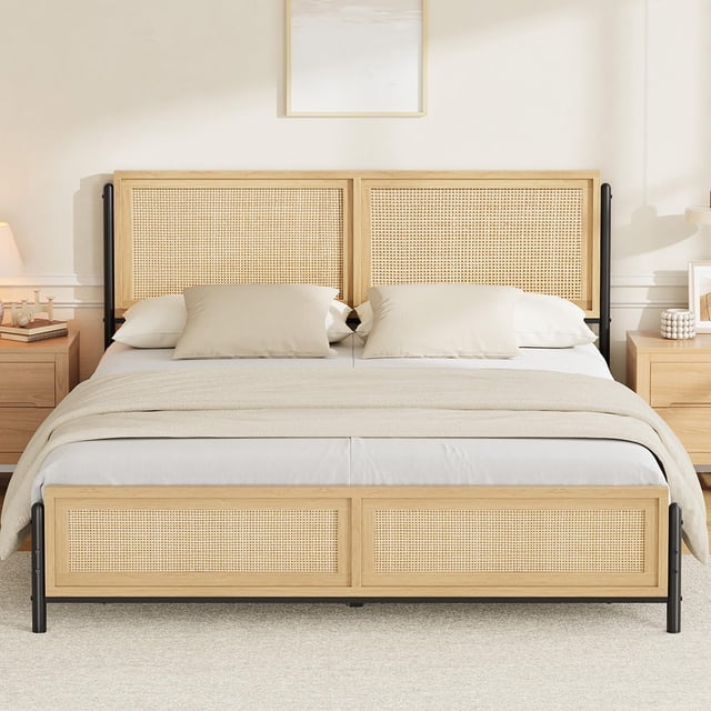 PIONEERWORKS Natural Full Size Bed Frame Complete with a Rattan Headboard and Footboard, Boho Full Mattress Frame, No Box Spring Needed, Noise-Free, Easy Assemble Wooden Bedframe