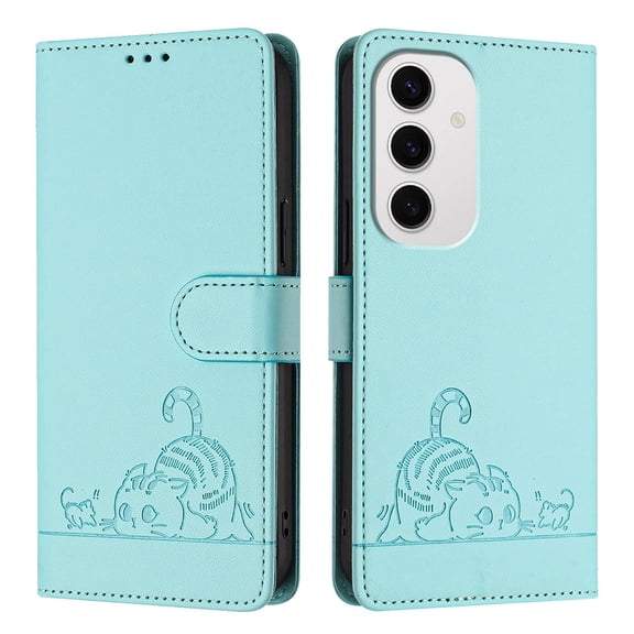 Phone Case for Samsung Galaxy S24 FE Wallet Case Cat Pattern PU Leather Case with [RFID Blocking] Card Slots Kickstand Shockproof Magnetic Flip Cover, Mint
