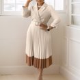 thumbnail image 2 of AURA Womens Pleated A Line Midi Dress Suit Collar Puff Nine Point Sleeves High Waist Sizes S 5XL, 2 of 7