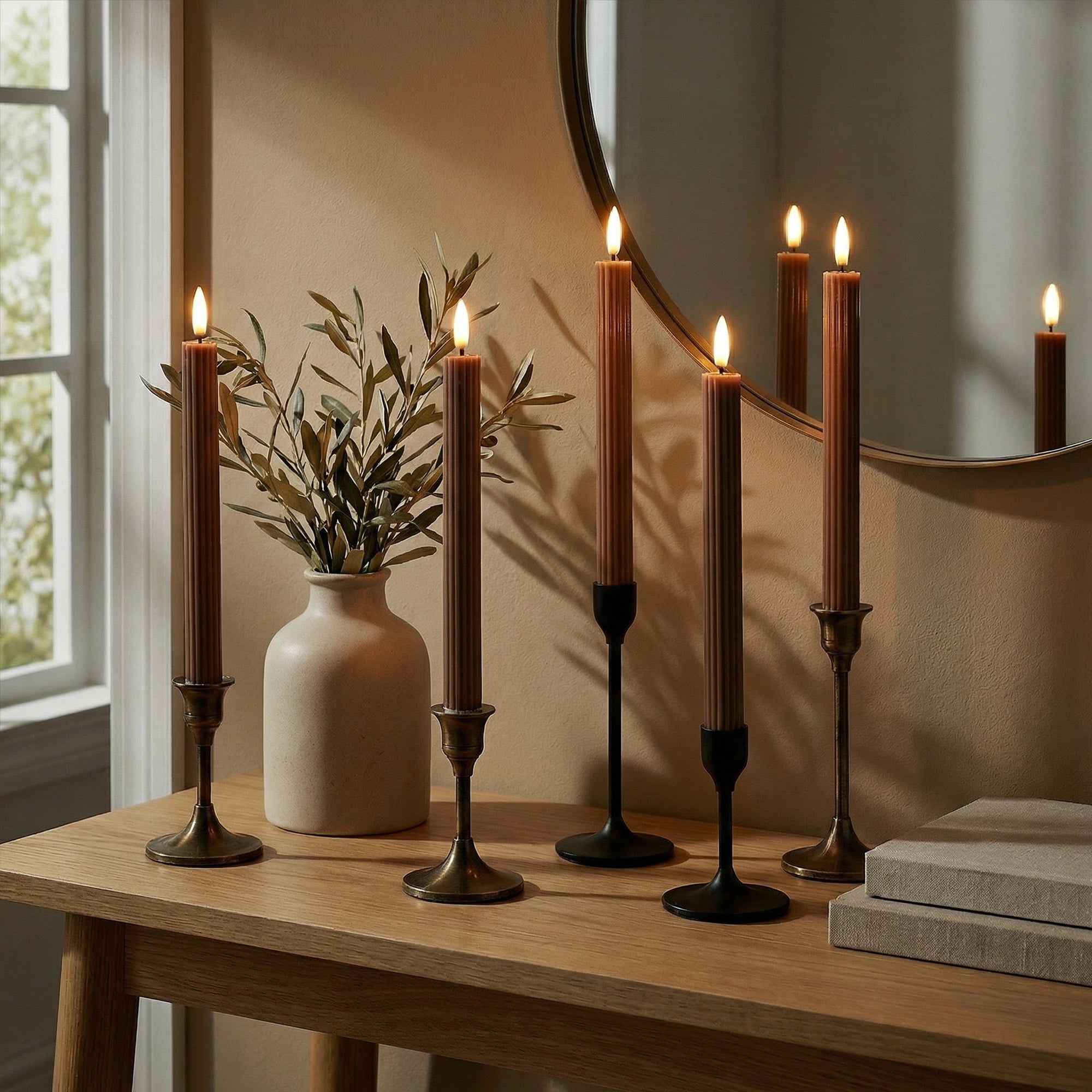 WYZworks 10" Fluted Ribbed LED Brown Tan Grooved Pillar Candles, Remote & 24h Timer Memory, On/Off Switch - Flameless Dimmable Battery Operated w/Flicker Mode, Home Wedding Decor (6 Pack)