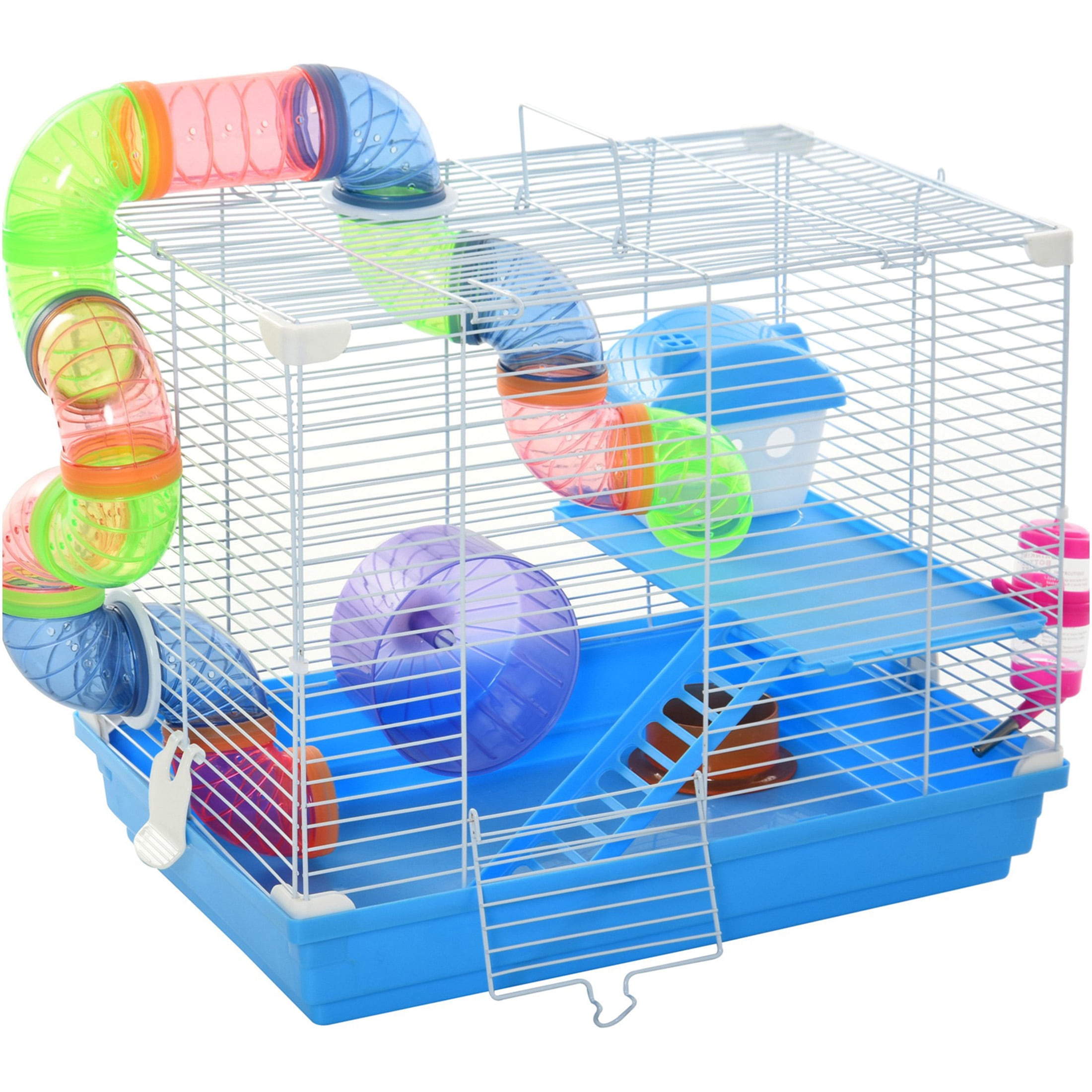 JERFIT 2-Level Metal Hamster Cage with Wheel, Water Bottle & Tubes - Blue Pet Habitat for Dwarf Hamsters, Mice & Gerbils