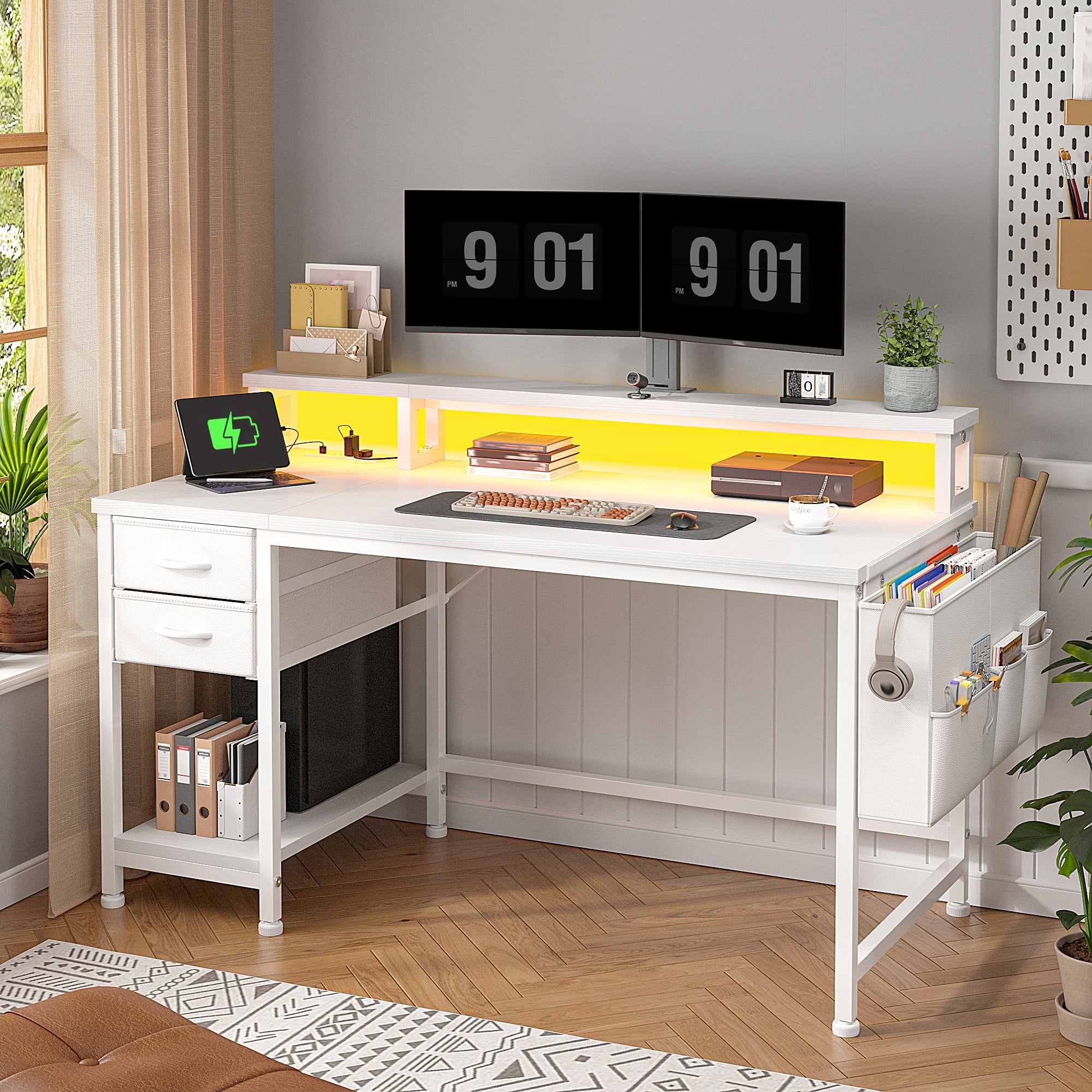 EnHomee 40" Desk with Power Outlets and LED Lights, Computer Desk with Drawers & Storage, Gaming Desk with Monitor Stand, White