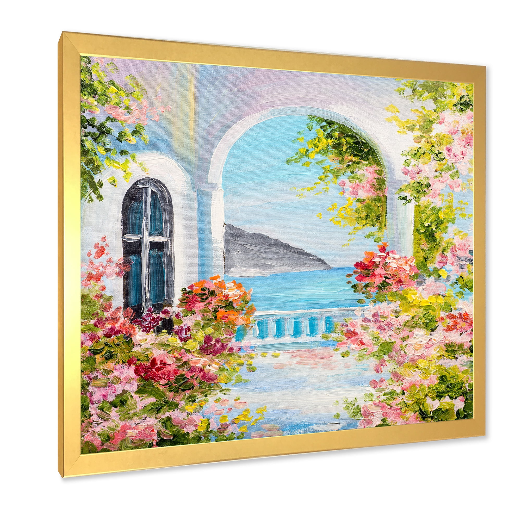 Designart 'Pink Flowers With Traditional Greek House' Nautical & Coastal Framed Art Print