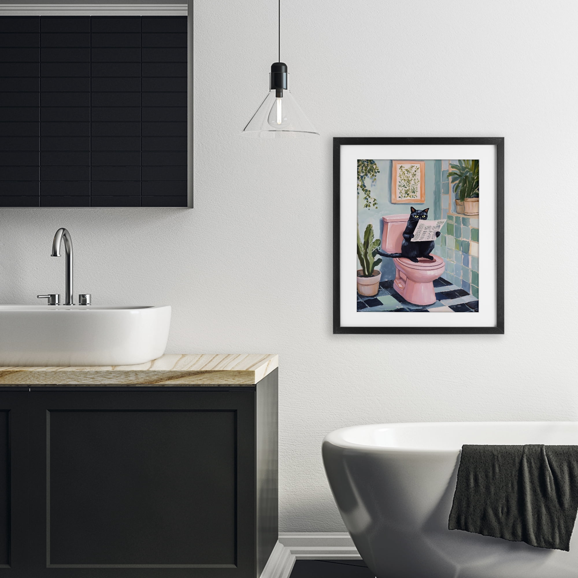 Stupell Industries Cat Reading on Pink Toilet Black Framed Print Under Glass, design by The Prints Vibe